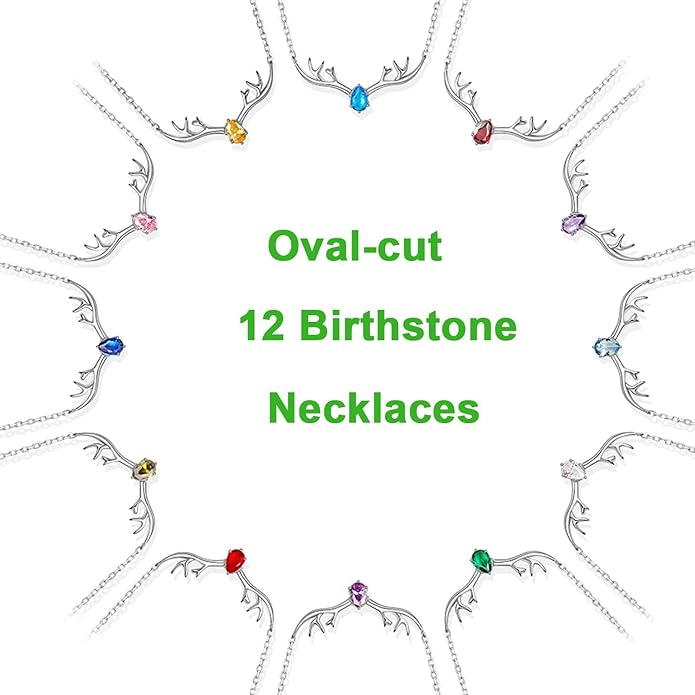 SILVERCUTE Sterling Silver Birthstone Necklaces for Women, Xmas Antler Deer Pendant Necklace with Colorful Cubic Zirconia,16-18 inches