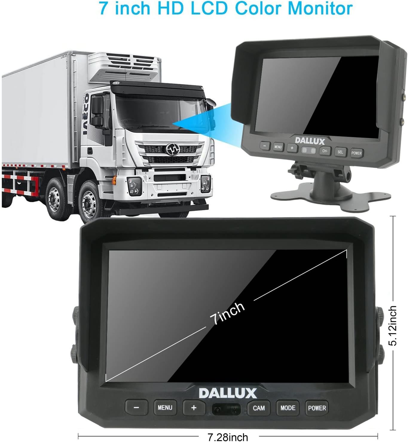 DALLUX Truck Backup Camera kit,HD 1080P Rearview Cab Cam with 7 inch Monitor+ 4 PIN Extension Cable for Bus/Truck/Van/Trailer/RV/Camper/Motor Home/Pickup/Harveste/Heavy Duty Vehicles(12V-24V)