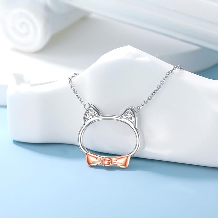 Sterling Silver Blue Topaz/Diamond Cat Pendant Necklace - Jewelry Gifts for Cat Lovers (18"+2")