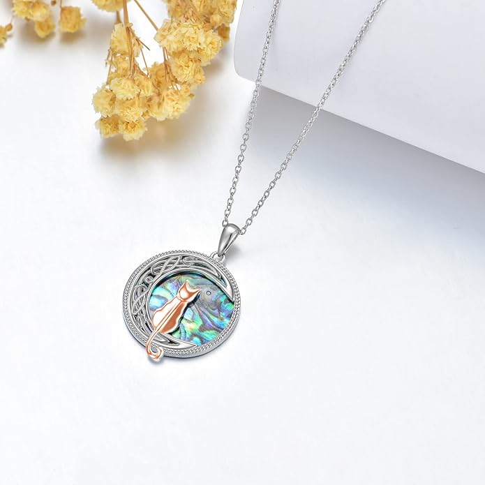 TOUPOP Cat Necklace Sterling Silver Abalone Shell Celtic Cat on the Moon with Abalone Shell Birthday Christmas Jewelry Gifts for Women