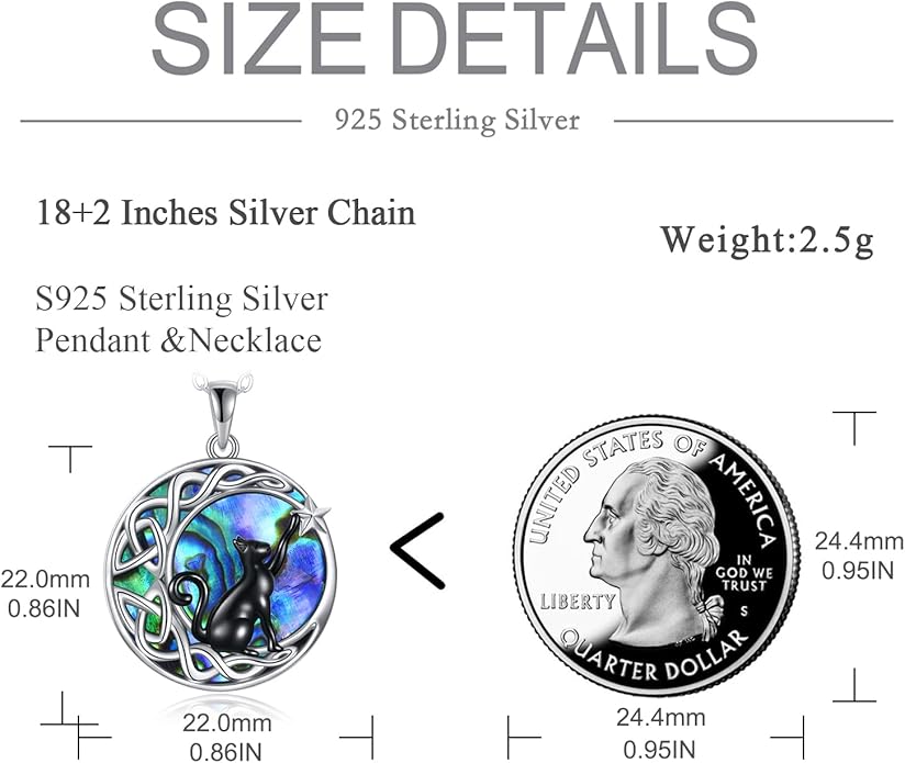 Celtic Moon Black Cat Necklace for Women - Abalone Tree of Life Sterling Silver Cat Lovers Jewelry