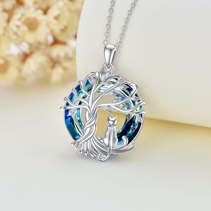 TOUPOP Cat Gifts for Cat Lovers Sterling Silver Cute Cat Tree of Life Pendant Necklace with Blue Circle Crystal Birthday Christmas Jewelry Gifts for Women