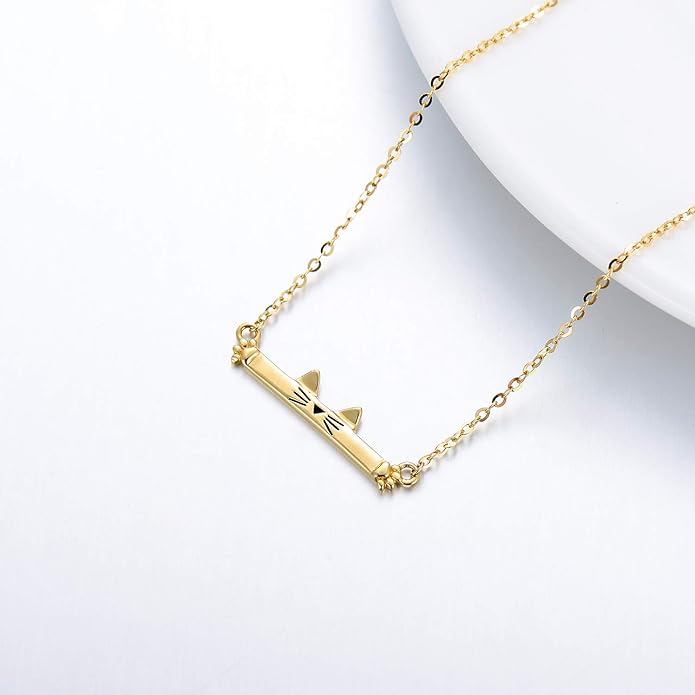 SISGEM 14K Real Gold Cat Bar Necklace for Women,Yellow Gold Cute Cat Pendant Necklaces Christmas Birthday Gifts for Her 16''-18''