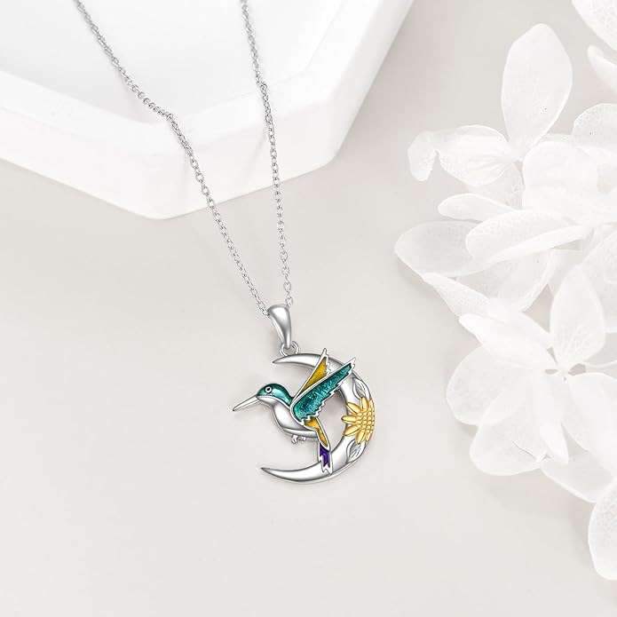 925 Sterling Silver Celtic Crescent Moon Animal Necklace for Women Fox/Black Cat/Hummingbird Crystal/Abalone Shell Pendant Jewelry Gift for Mom Daughter