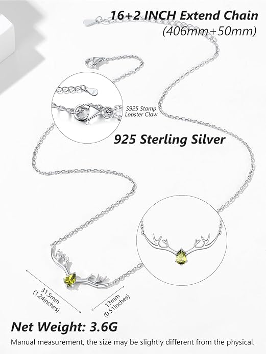 Silvora 925 Sterling Silver Deer Antler Necklace, Antler Deer Jewelry Antler Pendant Choker Birthstone Necklace Christmas Jewelry for Women