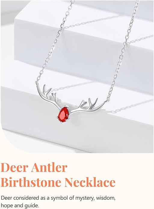 Silvora 925 Sterling Silver Deer Antler Necklace, Antler Deer Jewelry Antler Pendant Choker Birthstone Necklace Christmas Jewelry for Women