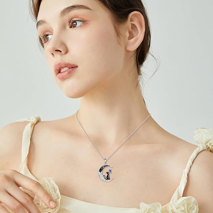 TIGER RIDER Moon Cat Necklace 925 Sterling Silver Blue Butterfly Black Jewelry Gifts Birthday Christmas Gifts for Women Wife Cat Lovers