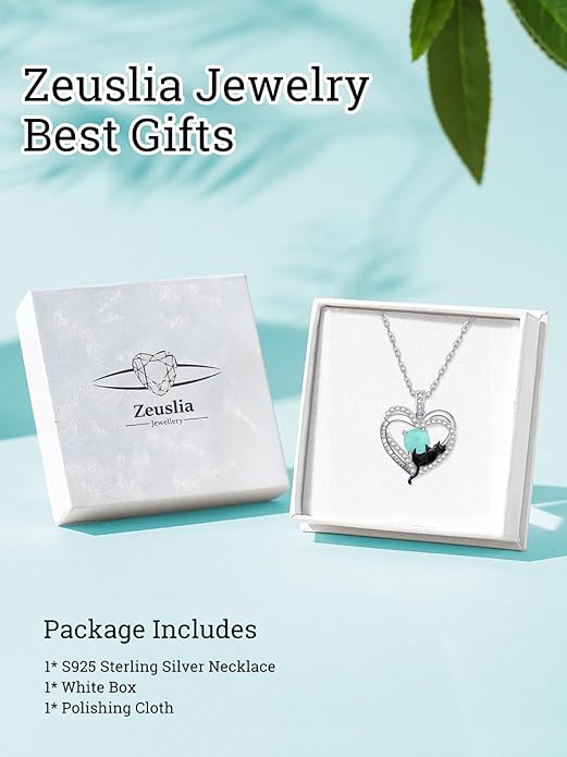 Birthstone Cat Necklaces,925 Sterling Silver Cat Necklace Heart Pendant for Women,Dainty Animal Jewelry for Her,Wedding Anniversary Birthday Gifts for Women Mom Grandma