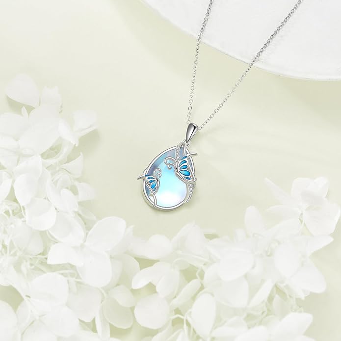 KQF Dragonfly/Butterlfy/Cat/Jellyfish/Bunny/Axolotl/Bee/Mermaid/Hummingbird/Elephant Necklace for Women Sterling Silver Moonstone Pendant Necklace Dragonfly Jewelry Gifts for Women