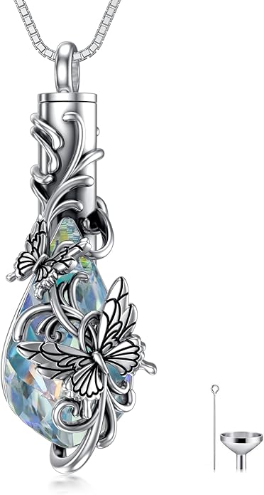 Animal Crystal Urn Necklace For Ashes Sterling Silver Butterfly Dragonfly Bee Phoenix Peacock Hummingbird Fox Angel Wing Pentagram Pentacle Cremation Necklace Heart Teardrop Urn Holder Necklaces For Women Memorial Jewelry