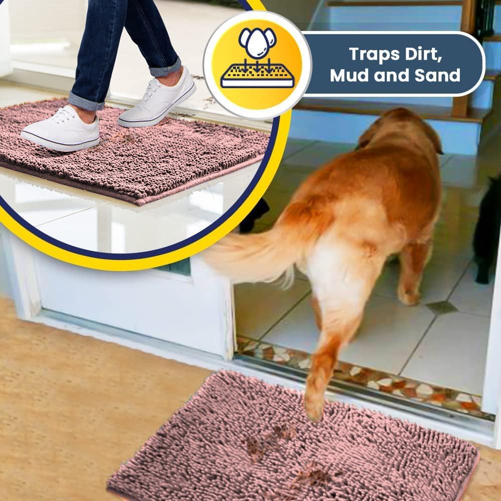 Muddy Mat® AS-SEEN-ON-TV Highly Absorbent Microfiber Door Mat and Pet Rug, Non Slip Thick Washable Area and Bath Mat Soft Chenille for Kitchen Bedroom Indoor and Outdoor - Light Pink 24" x 120"