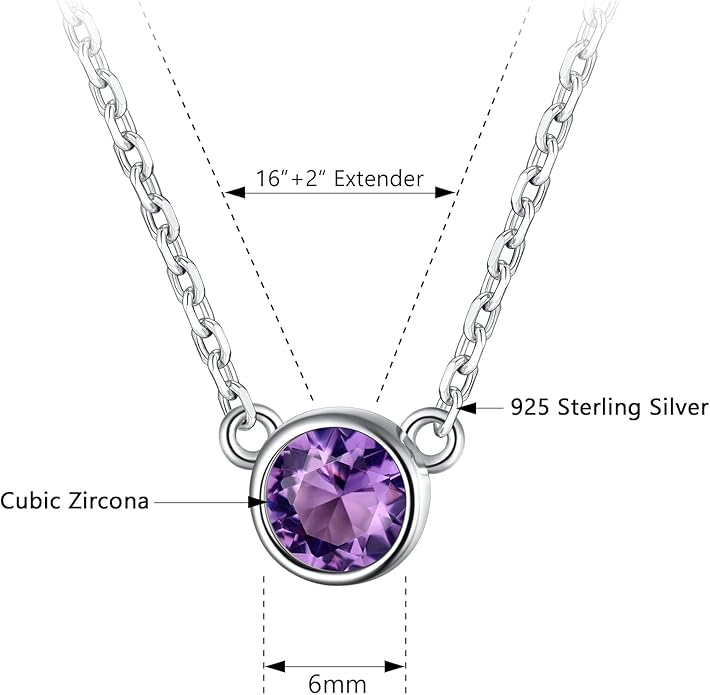 SILVERCUTE Sterling Silver Birthstone Necklace for Women,Dainty Silver Pendant Necklace with Round Cubic Zirconia,16"-18"
