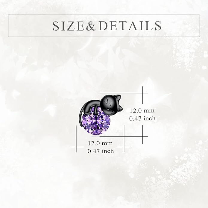 Sterling Silver Birthstone Black Cat Stud Earrings - Cat Birthstone Earrings for Women's Birthday Gift