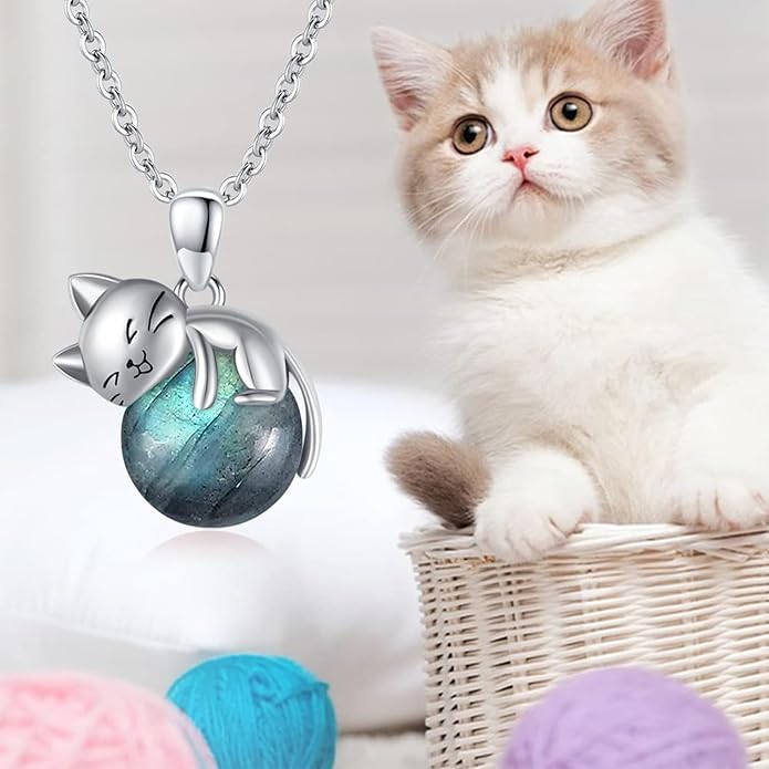 Natural Gemstone Cat Necklace for Women 925 Sterling Silver Cute Kitten Pendant with Genuine Turquoise/Rose Quartz/Amethyst/Larimar/Labradorite/Moss Agate/Blue Sandstone Jewelry Gifts