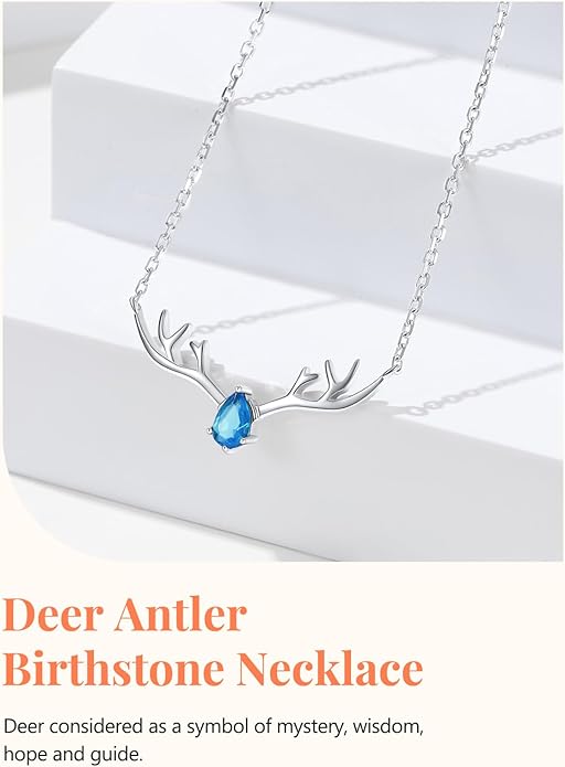 Silvora 925 Sterling Silver Deer Antler Necklace, Antler Deer Jewelry Antler Pendant Choker Birthstone Necklace Christmas Jewelry for Women