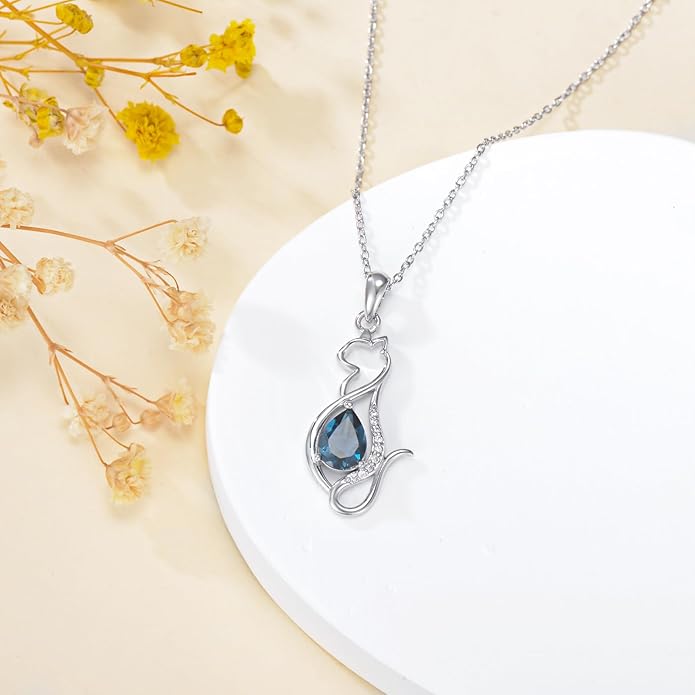 Sterling Silver Blue Topaz/Diamond Cat Pendant Necklace - Jewelry Gifts for Cat Lovers (18"+2")