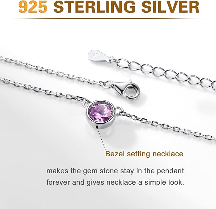 SILVERCUTE Sterling Silver Birthstone Necklace for Women,Dainty Silver Pendant Necklace with Round Cubic Zirconia,16"-18"