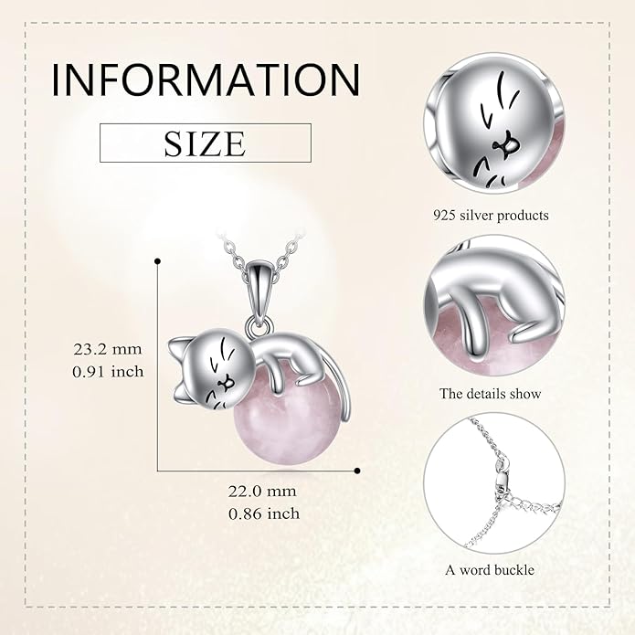 Cat Necklace Sterling Silver Cat Pendnat with Rose Quartz Pearl Jewelry Gifts for Women Cat Lovers
