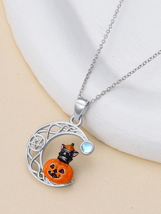 Black Cat/Dragon/Fox/Wolf Necklace 925 Sterling Silver Celtic Moon Pentagram Pendant Gothic Jewelry Goth Halloween Gifts for Women