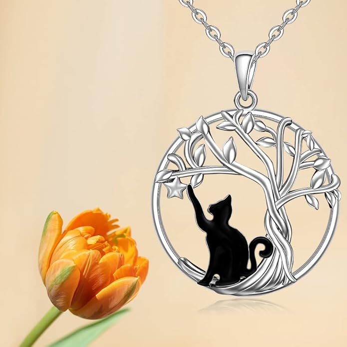 Cat Necklace Black Cat Necklace for Women Sterling Silver Tree of Life Necklaces Pendant for Cats Lovers White Gold Gifts Jewelry