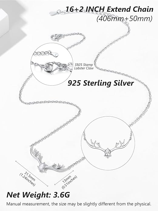 Silvora 925 Sterling Silver Deer Antler Necklace, Antler Deer Jewelry Antler Pendant Choker Birthstone Necklace Christmas Jewelry for Women
