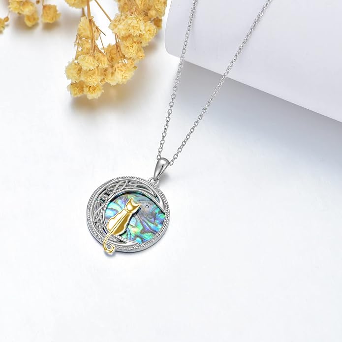 TOUPOP Cat Necklace Sterling Silver Abalone Shell Celtic Cat on the Moon with Abalone Shell Birthday Christmas Jewelry Gifts for Women