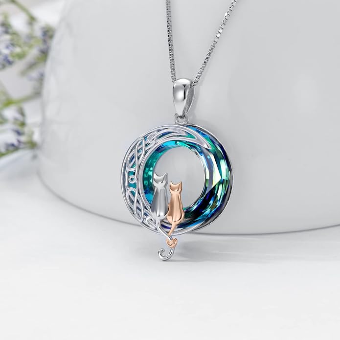 TOUPOP Cat Gifts for Cat Lovers 1 2 3 Cats Necklace Sterling Silver Cat on the Moon Pendant Necklace with Blue Circle Crystal Birthday Christmas Celtic Jewelry Gifts for Women