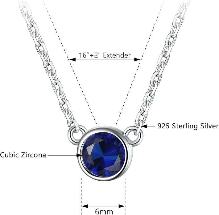 SILVERCUTE Sterling Silver Birthstone Necklace for Women,Dainty Silver Pendant Necklace with Round Cubic Zirconia,16"-18"