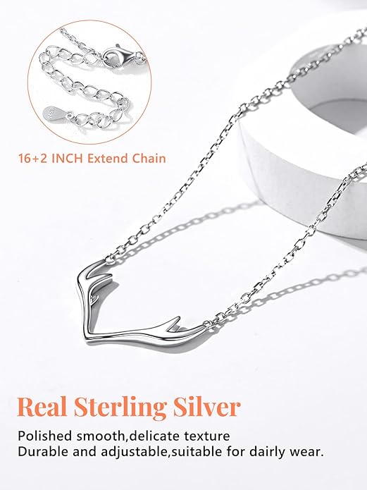 Silvora 925 Sterling Silver Deer Antler Necklace, Antler Deer Jewelry Antler Pendant Choker Birthstone Necklace Christmas Jewelry for Women