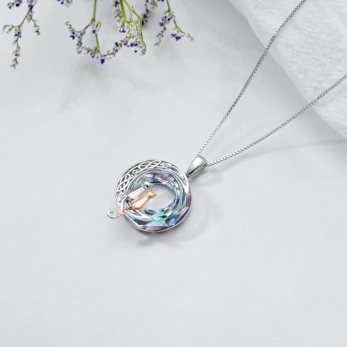TOUPOP Cat Gifts for Cat Lovers 1 2 3 Cats Necklace Sterling Silver Cat on the Moon Pendant Necklace with Blue Circle Crystal Birthday Christmas Celtic Jewelry Gifts for Women