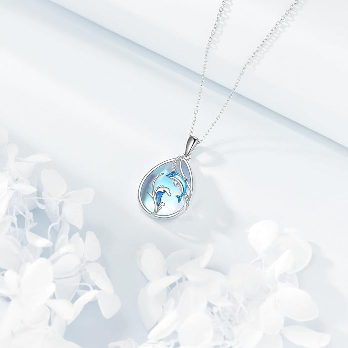 KQF Dragonfly/Butterlfy/Cat/Jellyfish/Bunny/Axolotl/Bee/Mermaid/Hummingbird/Elephant Necklace for Women Sterling Silver Moonstone Pendant Necklace Dragonfly Jewelry Gifts for Women