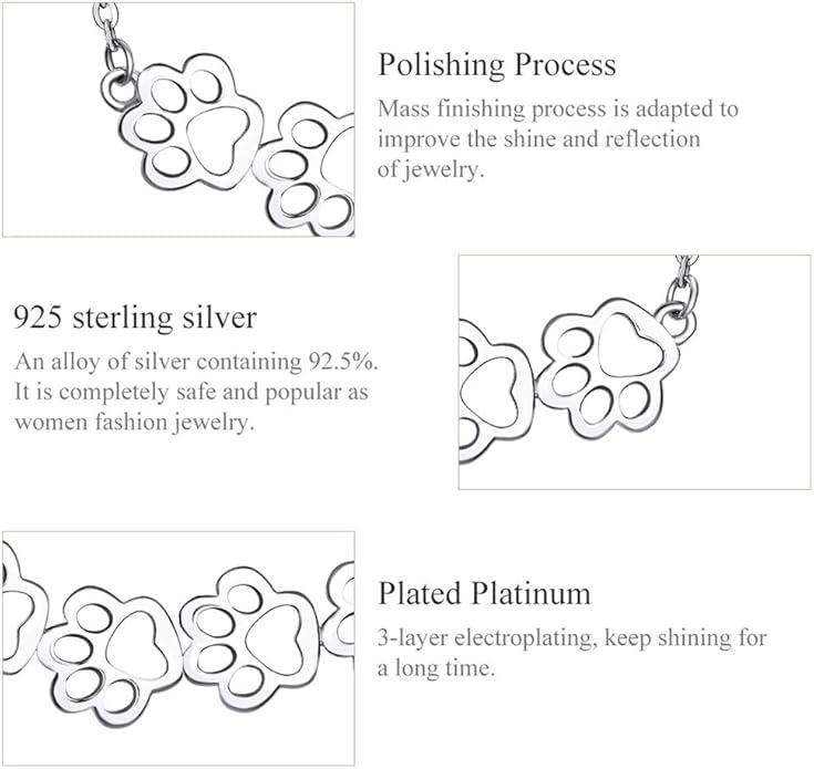 Cute Paw Necklace for Women Sterling Silver Puppy Dog Cat Kitten 4 Paw Print Pendant Choker Necklace Adjustable Chain 18" Pet Keepsake Minimalist Jewelry Box