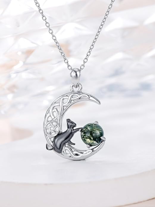 Black Cat/Dragon/Fox/Wolf Necklace 925 Sterling Silver Celtic Moon Pentagram Pendant Gothic Jewelry Goth Halloween Gifts for Women