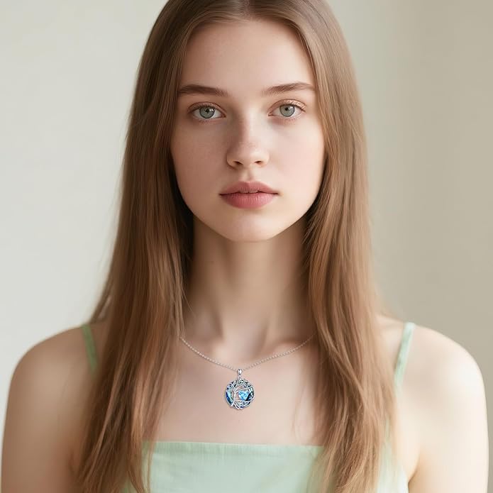 Tree of Life Necklace Sterling Silver Sister Pendant Blue Crystal Jewelry Gift for Women