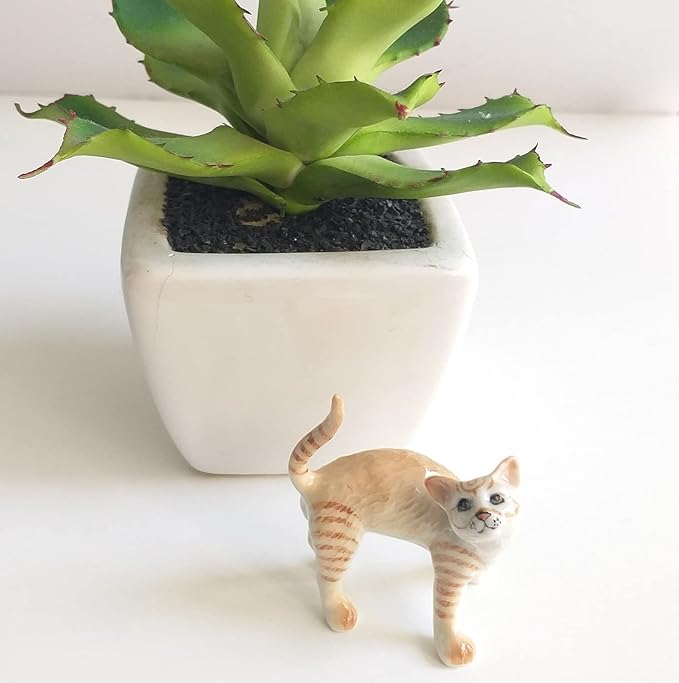 Cat Porcelain Figurine Ceramic Stretching Kitten Small Pet Kitty Collectible Miniature Dollhouse Hand Painted Animal Interested Feeling Gift Decor Calico Brown Tabby, 2.5 x 1 x 2 in (W-L-H)
