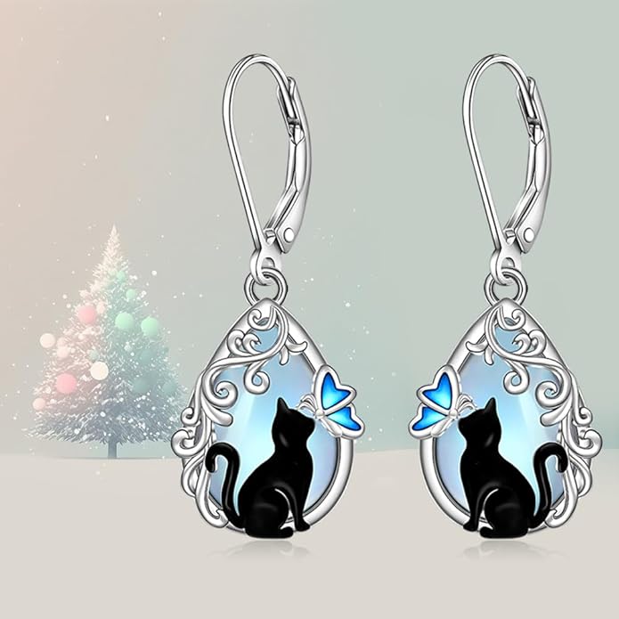 Cat Earrings Moonstone Black Cat Earrings for Women Sterling Silver Cute Filigree Cats Butterfly Dangle Drop Earring Jewelry Leverback Halloween Christmas Gifts