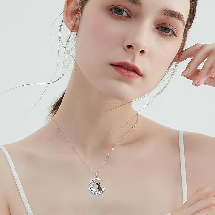 Black Cat Necklace Moonstone Sterling Silver Cats Moon Necklace Gothic Witch Black Cat Jewelry Gifts for Cat Lovers Women