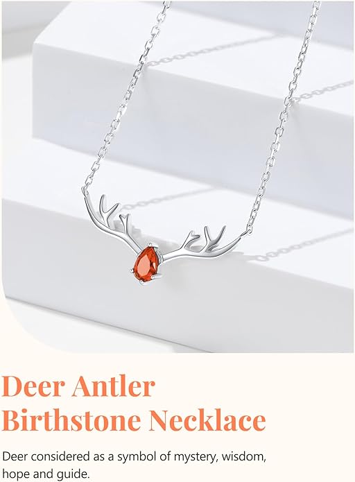 Silvora 925 Sterling Silver Deer Antler Necklace, Antler Deer Jewelry Antler Pendant Choker Birthstone Necklace Christmas Jewelry for Women