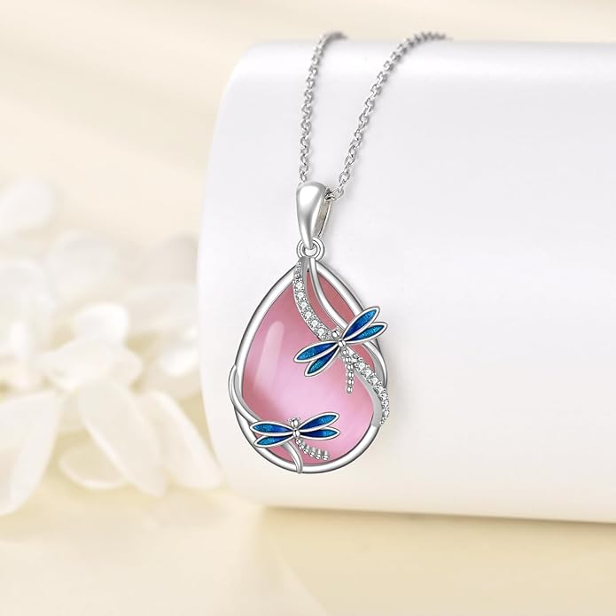 KQF Dragonfly/Butterlfy/Cat/Jellyfish/Bunny/Axolotl/Bee/Mermaid/Hummingbird/Elephant Necklace for Women Sterling Silver Moonstone Pendant Necklace Dragonfly Jewelry Gifts for Women