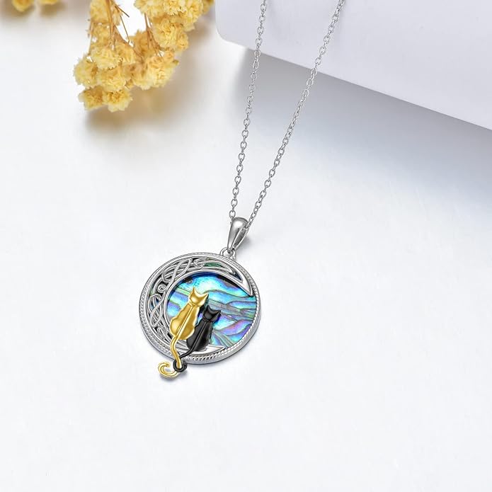 TOUPOP Cat Necklace Sterling Silver Abalone Shell Celtic Cat on the Moon with Abalone Shell Birthday Christmas Jewelry Gifts for Women