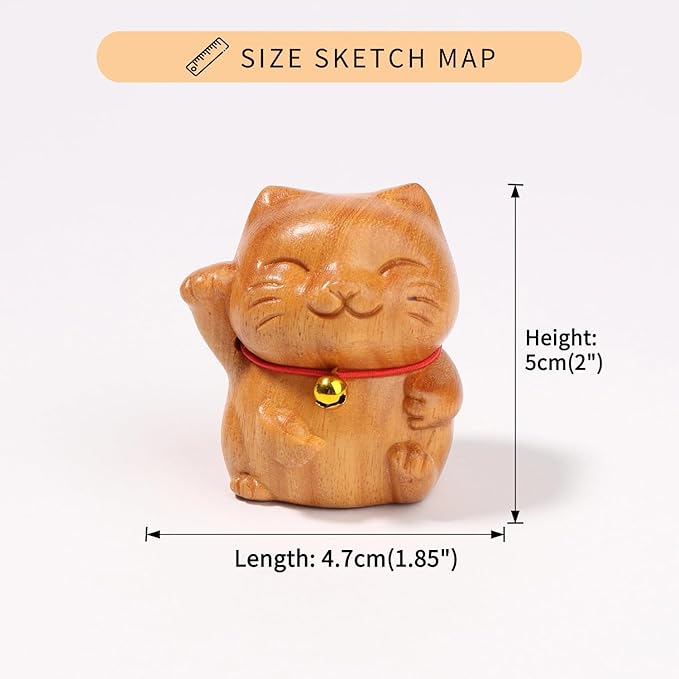 Wooden Maneki Neko Lucky Fortune Cat Figurines, Sculpture Lovely Gift Carved Cat Statue Handmade Wood Kitten Art Carving Work for Home Office Bedroom Living Room Desktop Bookshelf Garden Decoration