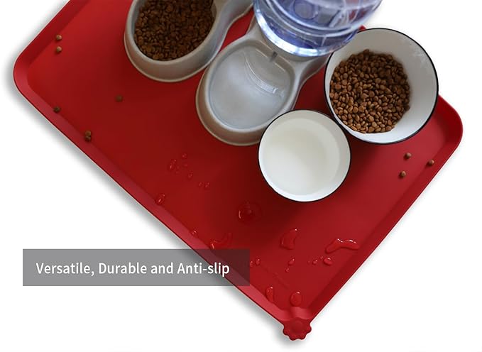 Hoki Found X-Large Silicone Non Slip Pet Feeding Mats - Waterproof Dog Cat Food Mats for Carpet - Classic Red