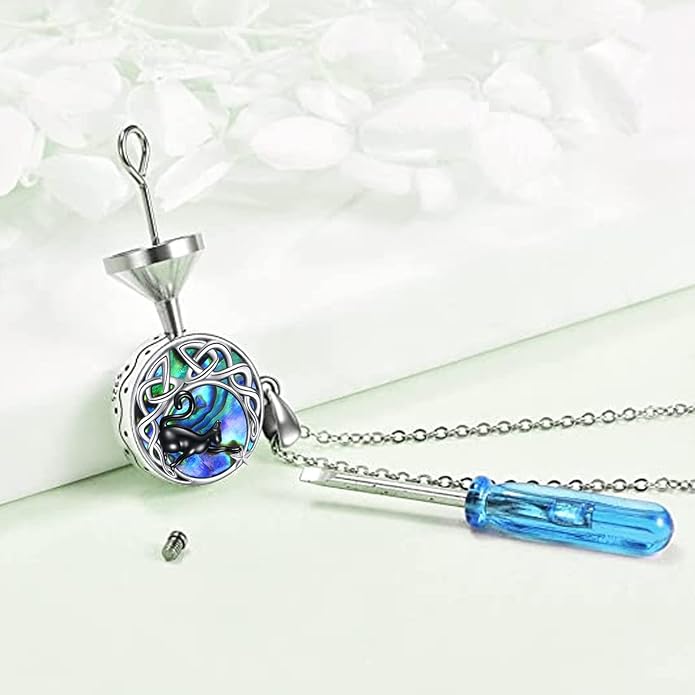 925Sterling Silver Moon Black Cat Necklace for Women Tree of Life Cat Jewelry for Women Abalone Necklace for Cat Lover Birthday