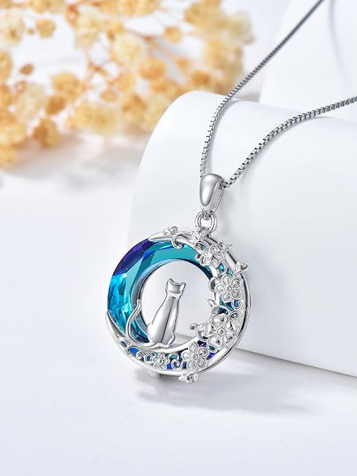 TOUPOP Cat Gifts for Women Sterling Silver Cat Necklaces with Circle Crystal Cat Lovers Jewelry Gifts for Women Girls Birthday Christmas