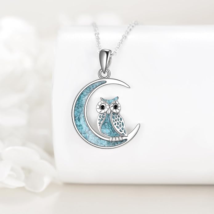 Turquoise Animal Necklace 925 Sterling Silver Cat/Fox/Owl Moon Pendant Jewelry Gift for Women