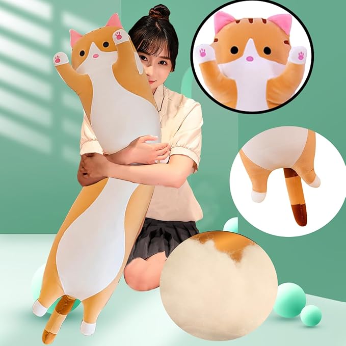Orange Cat Long Plush Pillow Kitty Stuffed Animals Soft Sleeping Throw Pillow Doll Toy (Orange,27inches)