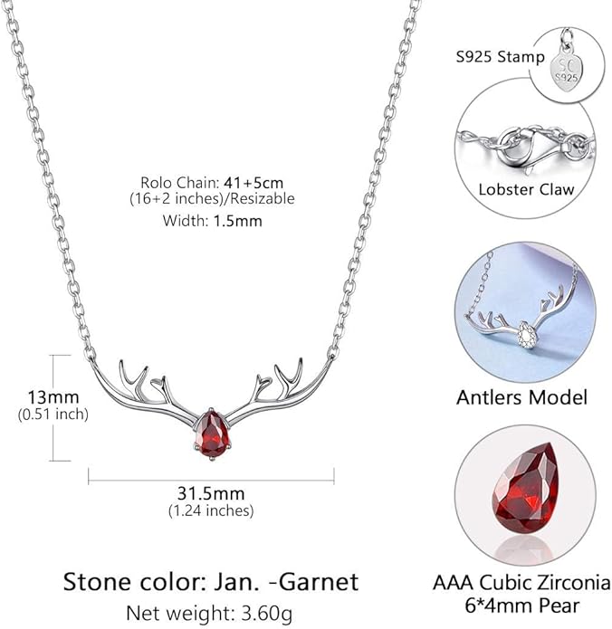 SILVERCUTE Sterling Silver Birthstone Necklaces for Women, Xmas Antler Deer Pendant Necklace with Colorful Cubic Zirconia,16-18 inches