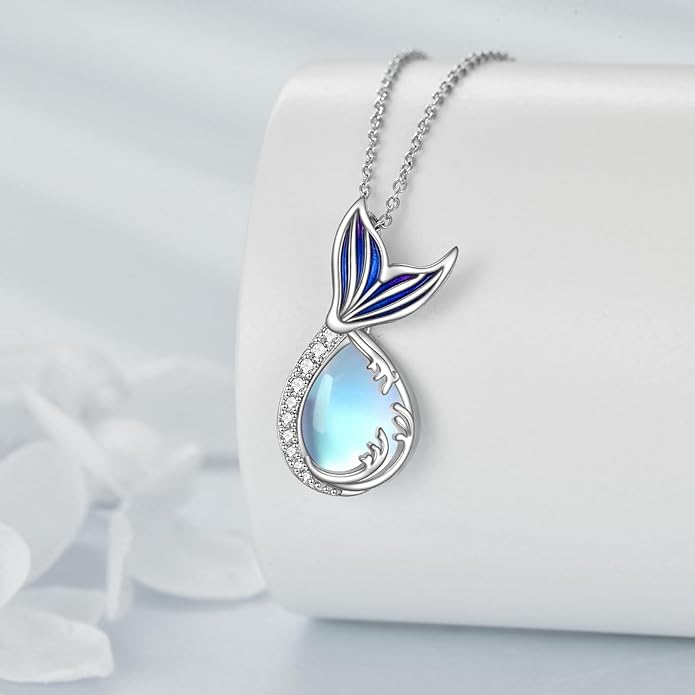 Teardrop Moss Agate/Turquoise/Moonstone/Larimar Mermaid/Fox/Cat Necklace Sterling Silver Pendant Necklace Jewelry Gifts for Women