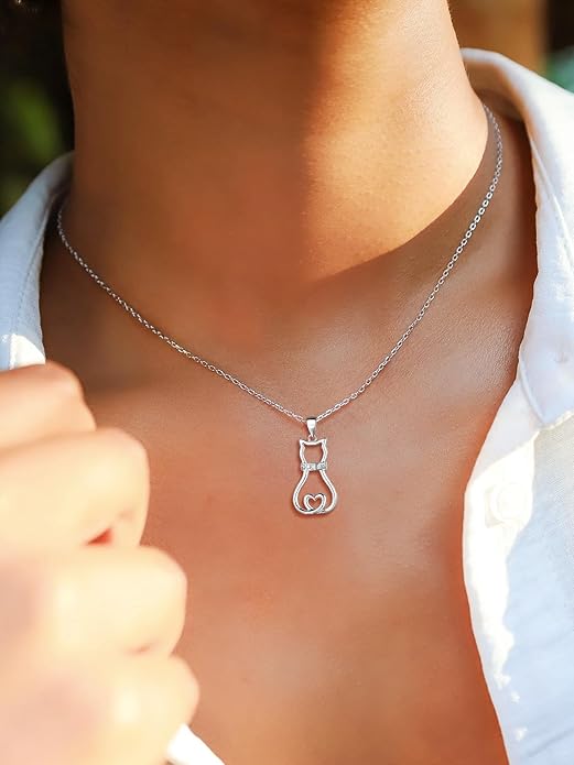 SILVERCUTE Cat Necklaces for Cat Lovers Sterling Silver Womens Jewelry S925 Kitten Pendant Cat Collarbone Necklace