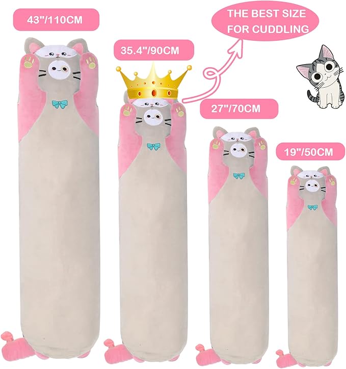 Long Cat Plush Kawaii Body Pillow, 35.4” Soft PP Cotton Filling Cartoon Cute Plushies Pillow for Children Funny Stuffed Animals for Girls Gifts(Pink